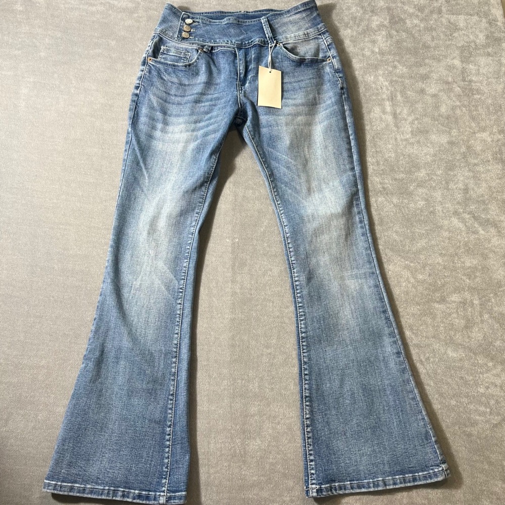 Flamingals High Waisted Flare Jeans Blue Medium Wash Triple Button Size L 180390